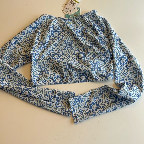 Roxy 2-pc. Fresco Tile Crop Rash Guard Set, Blue bonneT, Size 14, NWT - Picture 4 of 10